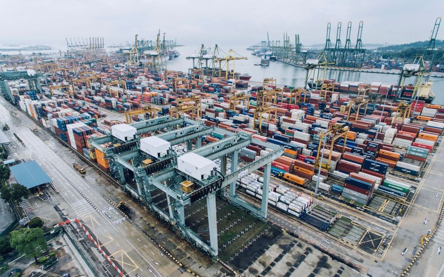 Aerial view of a busy container terminal